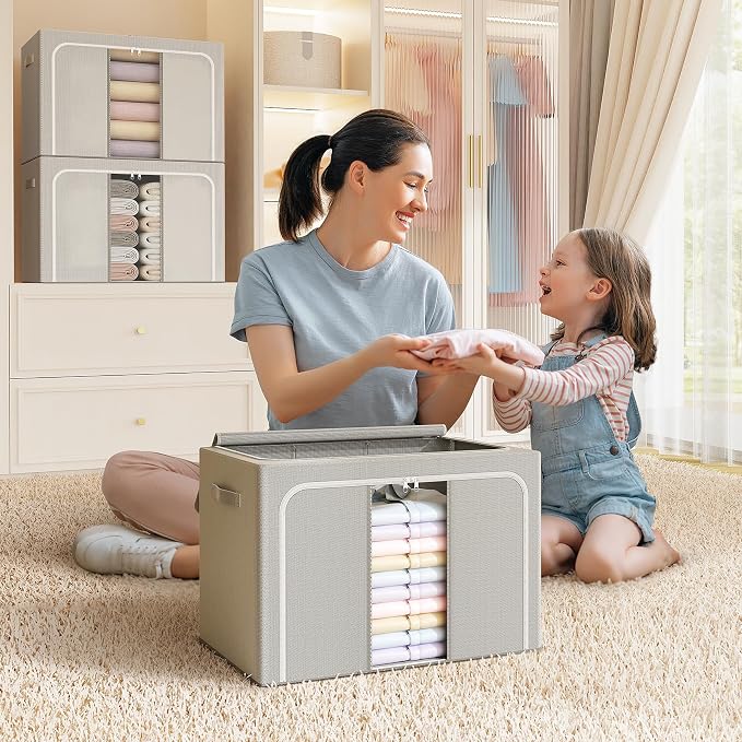 Clothes Storage Bins with Metal Frame Foldable Storage Box Clothes Organizers Storage Containers for Clothes Sheets Blankets Books Toys Gifts and Holiday Decorations (24Lx3 Pack)