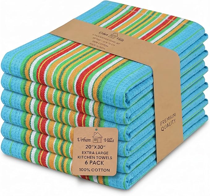 Urban Villa Kitchen Towels Waffle Stripes Dish Towels for Kitchen Azure Color Set of 6 Kitchen Towels Highly Absorbent Cotton Over Sized 20X30 in with Mitered Corners Kitchen Hand Tea Towels