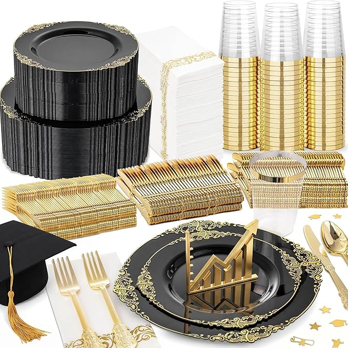 Nervure 350PCS Black Plastic Plates - Black Plastic Dinnerware Sets for 50 Guests - 100 Disposable Plates, 150 Gold Silverware, 50 Cups, 50 Napkins for Wedding & Party & Graduation & Retirement