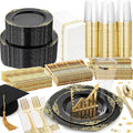 Nervure 350PCS Black Plastic Plates - Black Plastic Dinnerware Sets for 50 Guests - 100 Disposable Plates, 150 Gold Silverware, 50 Cups, 50 Napkins for Wedding & Party & Graduation & Retirement