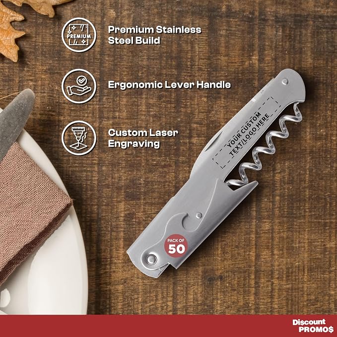 50 Valencia Stainless Steel Wine Bottle Openers Set - Customizable Text, Logo - Corkscrew, Serrated knife, Perfect for Bars - Silver