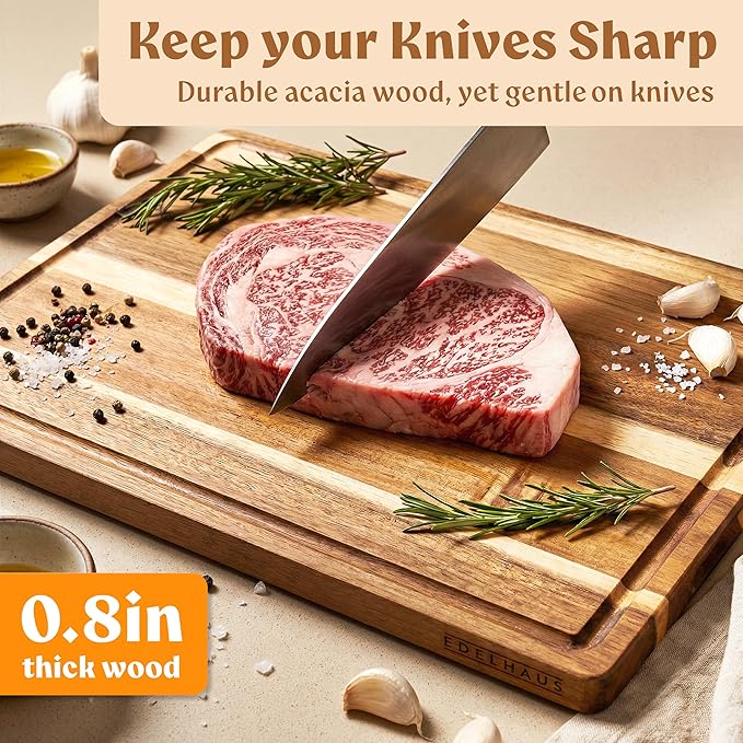 Extra Large Acacia Wood Cutting Board 17x13, Juice Groove | FSC-certified wooden chopping board; knife-friendly, large kitchen boards for meat, cheese, charcuterie & serving