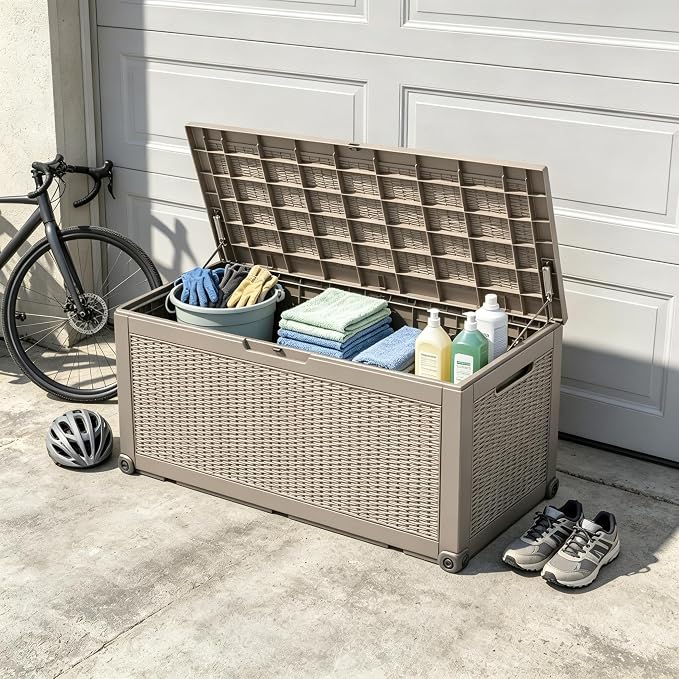 100 Gal Outdoor Storage Box Waterproof Lockable,Deck Box,Gas Lift,Grey | Waterproof Resin Deck Box, Lockable Gas Lift Outdoor Storage for Patio Cushions, Garden Tools, Pool Supplies
