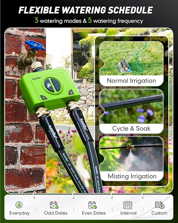 RAINPOINT WiFi Water Timer for Garden Hose, 2 Zone WiFi Sprinkler Controller, Smart Hose Timer Valve, Automatic Drip Irrigation System/Rain Delay for Garden/Yard (Brass Inlet & Outlet, No Gateway)
