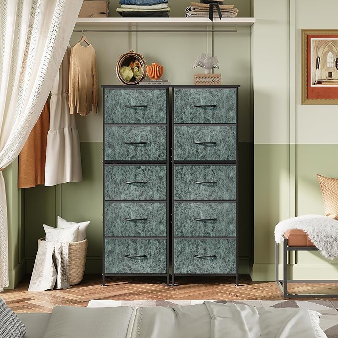 WLIVE Fabric Dresser, 5-Drawer Tall Dressers for Bedroom, Storage Dresser Organizer with Fabric Bins, Wood Top, Sturdy Steel Frame, Chest of Drawers for Closet, Hallway, Vintage Green
