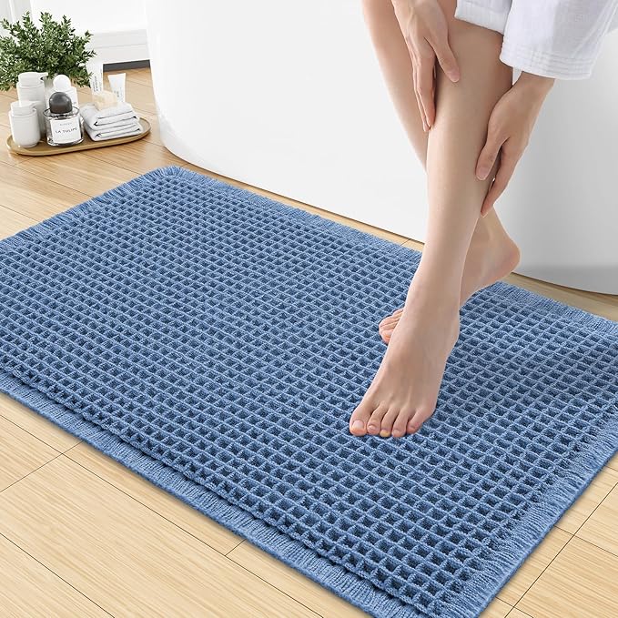 Smiry Waffle Bath Mat 30x18, Extra Soft Absorbent Bathroom Rugs, Non Slip Machine Washable Quick Dry Bath Rugs for Bathroom Floor, Tub, Shower, Home Decor Accessories, Blue