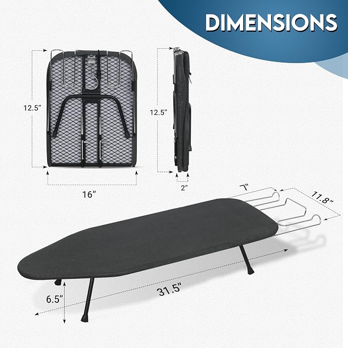 LOFTEY Small Tabletop Ironing Board, Foldable Compact Ironing Board with Iron Rest, Portable Mini Iron Boards with Heat Resistant Cover and 8mm Cotton Pad, 31.5" x 11.8", Black