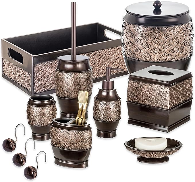 Creative Scents Dublin Brown Bathroom Accessories Set 6-Piece Resin Bathroom Decor Set Includes Toilet Bowl Brush and Holder, Tissue Box Cover, Soap Dispenser, Soap Dish, Cup, & Toothbrush Holder