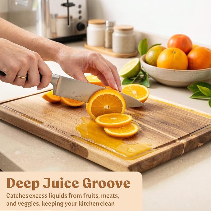 Acacia Wood Cutting Boards for Kitchen Set of 3 with Juice Groove | Non toxic FSC certified wooden chopping boards, knife-friendly, large kitchen boards for meat, cheese, charcuterie & serving