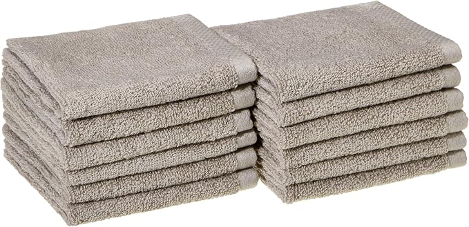 Amazon Basics 100% Cotton Washcloths, Quick-Dry, 12" x 12", Platinum, 12-Pack