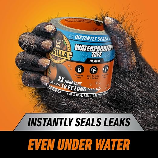 Gorilla Waterproof Patch & Seal Tape, Black Tape, 4" x 10' (Pack of 4) - Permanent Weather Resistant Seal for Leaks and Repairs