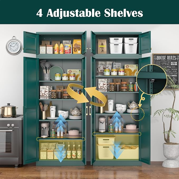 Steeloong 86"Metal Pantry Storage Cabinet with Doors & 4 Adjustable Shelves | Kitchen Pantry Cabinet,Green Kitchen Cabinet with 4 Gold Handles,Tall Cabinet for Livingroom,Pantry, Bathroom,Kitchen,Garage
