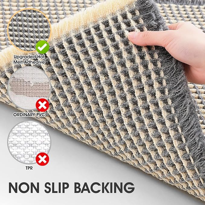 IM HOME Waffle Bath Mat Set 3 Piece Grey & Beige,Woven Modern Bath Rug Mats, Absorbent Non Slip Bath Floor Mat, Soft Washable Boho Bath Rugs with Tassels for Bathroom, Bedroom, Kitchen, Tub
