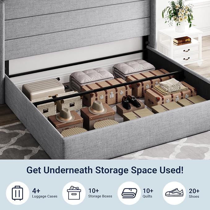 Allewie King Size Lift Up Hydraulic Storage Bed Frame Light Grey | Modern Wingback Headboard, Hydraulic Support Storage, No Box Spring Needed