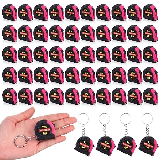 Kanayu 50 Pcs Mini Tape Measure Keychains 6 ft Small Retractable Measuring Tape Bulk with Lock Steel Easy Read Pocket for Birthday Party Favors Daily Use (Rose Pink)