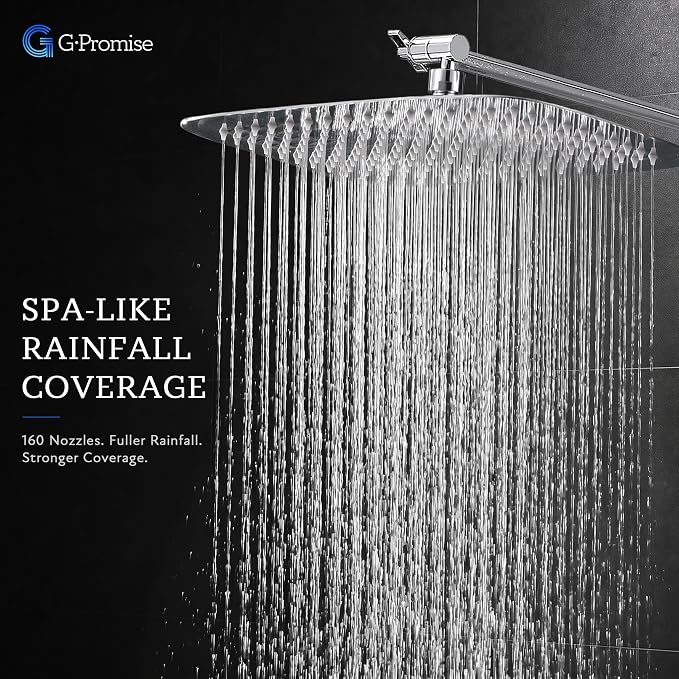 G-Promise All Metal 16 Inch Dual Square Shower Head with Handheld Spray Combo, Rain Shower Head, Adjustable Extension Arm, 3-Way Diverter, 71 Inch Extra Long Hose - A Bathroom Upgrade (Chrome)