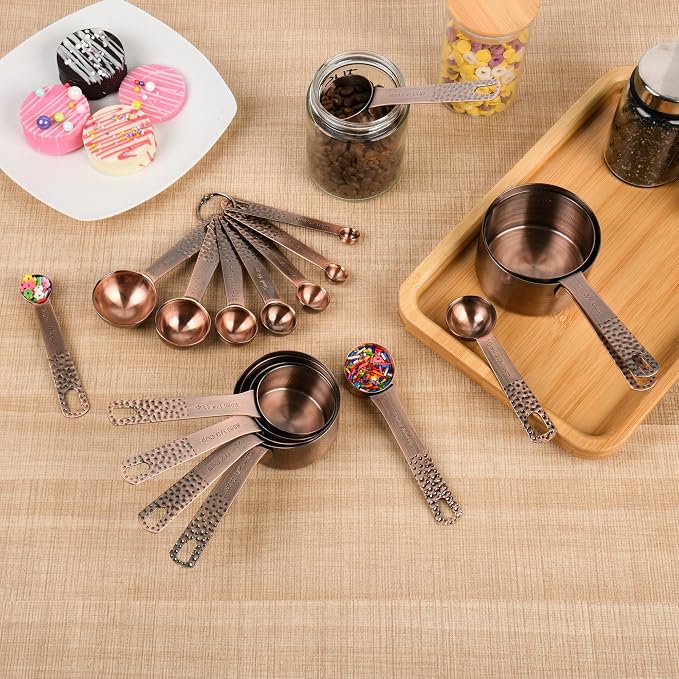 Copper Measuring Cups and Spoons Set, Stainless Steel Measuring Cups Spoons, Metal Metric & US 8 Measure Cup, 9 Kicthen Measure Spoons & Leveler for Baking & Kitchen