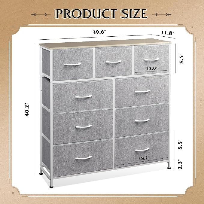 WLIVE 9-Drawer Dresser, Fabric Storage Tower for Bedroom, Hallway, Entryway, Closet, Tall Chest Organizer Unit with Fabric Bins, Steel Frame, Wood Top, Easy Pull Handle, Light Grey