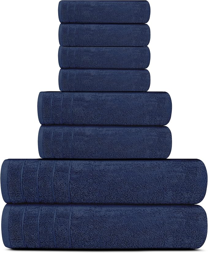 Tens Towels 8 Piece Towel Set, 2 XL Bath, 2 Hand, 4 Washcloth, Navy | 100% Cotton, Lighter Weight, Quicker to Dry, Super Absorbent, Perfect for Bathroom