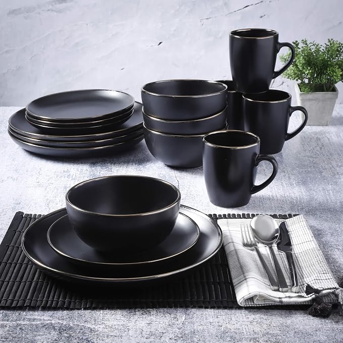 Gibson Home Rockaway 16-Piece Round Stoneware Dinnerware Set, Service for 4 – Black with Gold Rim Plates and Bowls, Microwave & Dishwasher Safe