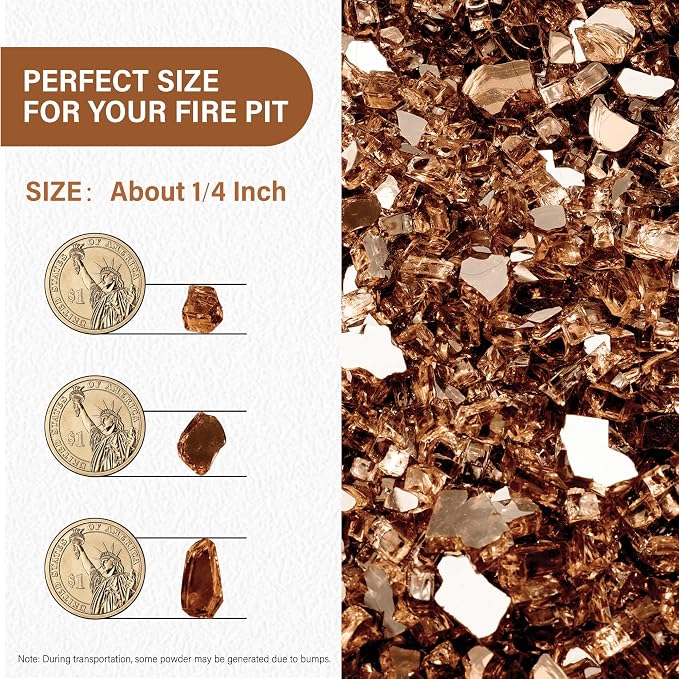 NUPICK 5 Pound Fire Glass, 1/4 Inch Reflective Fire Pit Glass | Tempered Fire Pit Rocks for Propane or Natural Gas, Glass Rocks for Fire Pit Table, Fireplace, Fire Bowl, Landscaping, Copper