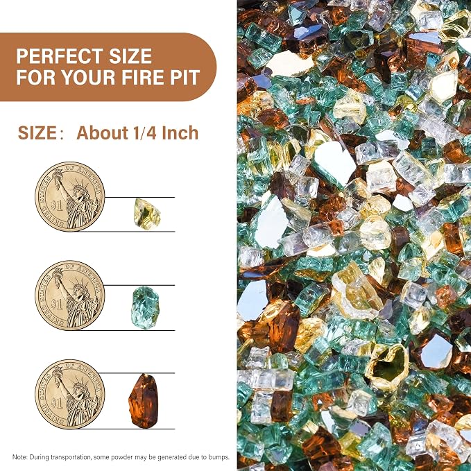 NUPICK 10 Pound Fire Glass, 1/4 Inch Reflective Fire Pit Glass | Fire Pit Rocks for Propane or Natural Gas, Glass Rocks for Fire Pit Table, Fireplace, Fire Bowl, Gold & Green & Copper Mix