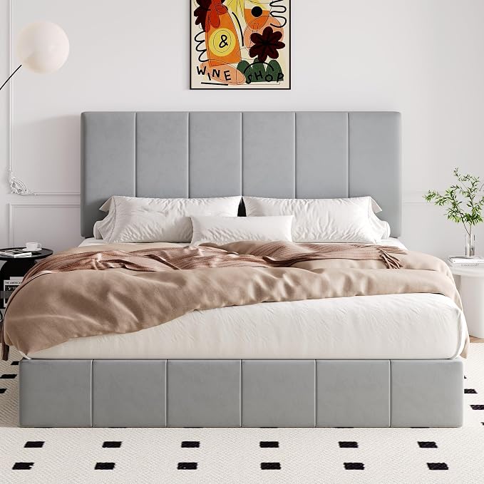 Allewie King Size Velvet Lift Up Hydrualic Storage Bed Frame, Grey | Vertical Channel Tufted Headboard, Hydrualic Underneath Storage, Upholstered Platform Bed, No Box Spring Needed