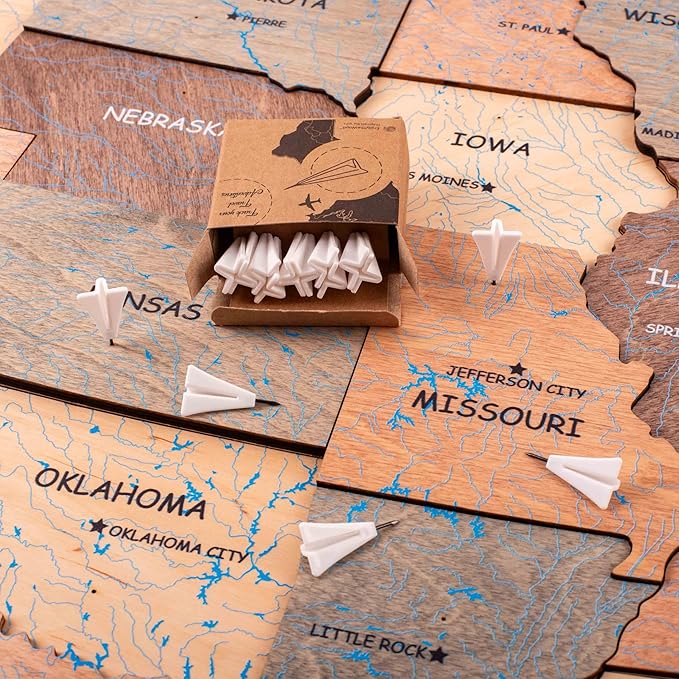 Enjoy The Wood 3D Wooden World Map Wall Art - Large Travel Map with Pins for Art Decor - Decorative Map of the World for Home, Office - Travel Wall Art Housewarming Gift Idea (Planes, Pins)