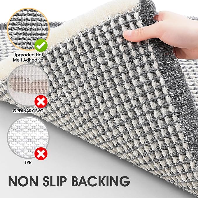 IM HOME Waffle Bath Mat Set 3 Piece Darkgrey & Cream,Woven Modern Bath Rug Mats, Absorbent Non Slip Bath Floor Mat, Soft Washable Boho Bath Rugs with Tassels for Bathroom, Bedroom, Kitchen, Tub