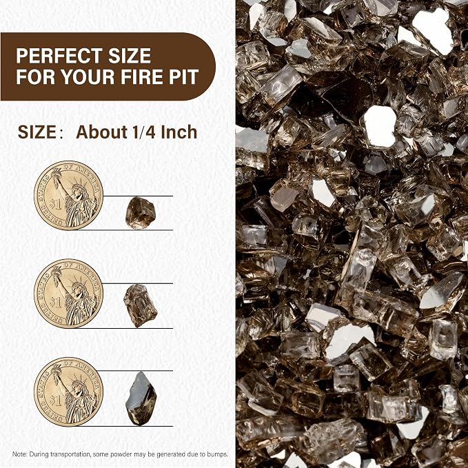NUPICK 10 Pound Fire Glass, 1/4 Inch Reflective Fire Pit Glass | Tempered Fire Pit Rocks for Propane or Natural Gas, Glass Rocks for Fire Pit Table, Fireplace, Fire Bowl, Landscaping, Bronze