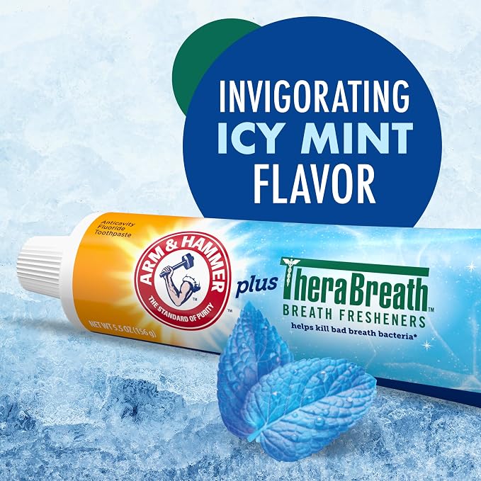 ARM & HAMMER Plus TheraBreath Toothpaste, ICY Mint, 5.5 oz, 4-Pack | Whitening, Anticavity Fluoride, Toothpaste For Bad Breath