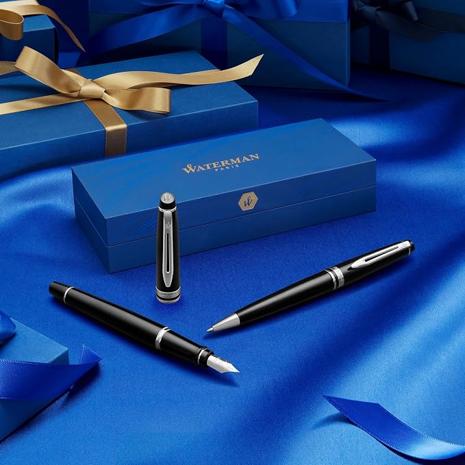 Waterman Expert Ballpoint Pen, Gloss Black with Chrome Trim, Medium Tip, Blue Ink, Luxury Pen in Gift Box - Supreme Writing Comfort, Signature Style, Polished, Professional