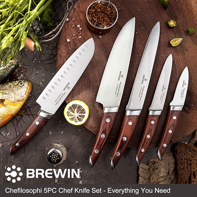 Brewin CHEFILOSOPHI Japanese Chef Knife Set 5 PCS with Elegant Red Pakkawood Handle Ergonomic Design,Professional Ultra Sharp Kitchen Knives for Cooking High Carbon Stainless Steel