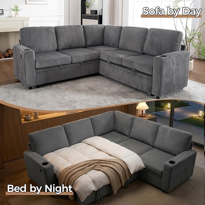 L-Shaped Sectional Sleeper Sofa with Pull Out Bed, Dark Grey | Plush Corduroy Modular Couch with Storage, USB Charging, Cup Holders – Cozy Cloud Couches for Living Room, Easy Assembly