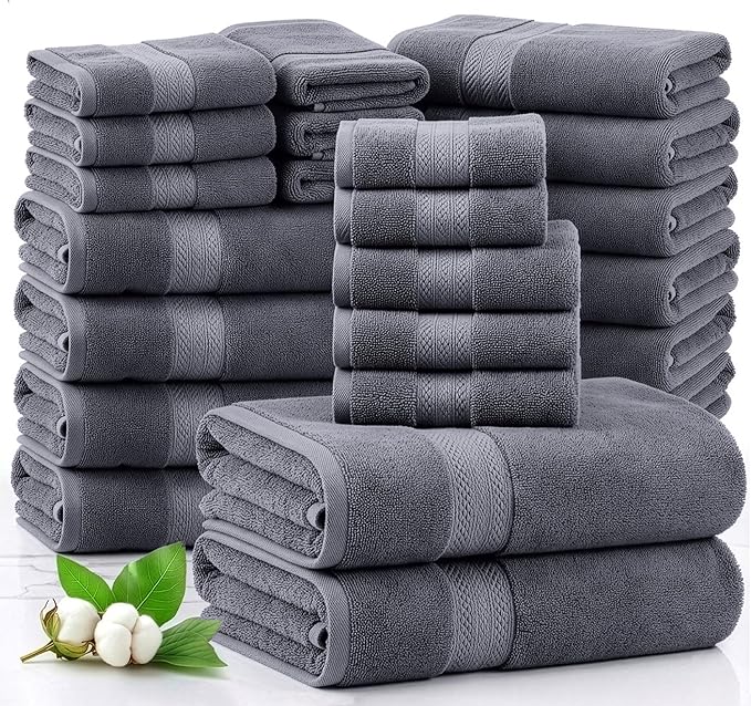 LANE LINEN 100% Cotton Bath Towels Set - 24 PCs - Durable, Quick Dry, Super Soft & Highly Absorbent - 4 Bath, 4 Fingertip, 6 Hand Towels, 8 Washcloths, 2 Bath Sheets - Perfect Family Set - Cool Grey | Towels And Washcloths Sets - Oversized & Roomy, Lig...
