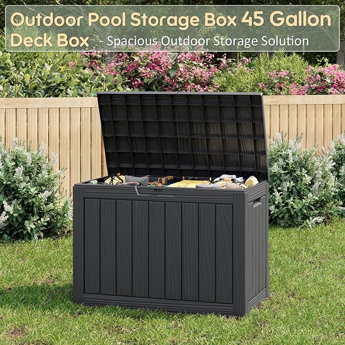 45 Gallon Outdoor Storage Box, All-Weather Deck Box for Patio Furniture, Package Deliveries, Garden Tools, Pool Supplies & Cushions, Black