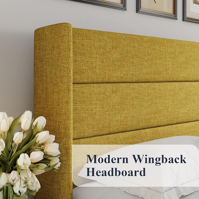 Allewie Queen Size Lift Up Hydraulic Storage Bed Frame Olive Yellow | Modern Wingback Headboard, Hydraulic Support Storage, No Box Spring Needed