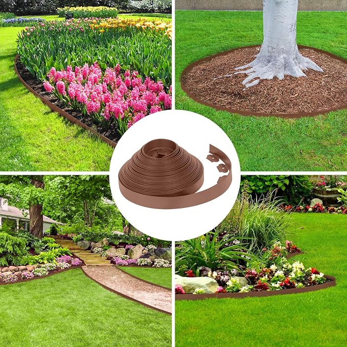 2-Inch x 50 FT Landscape Edging Border with 75 Spikes, Garden Edging Lawn Border Kit, Plastic Edging Border Flexible for Garden Flower Beds Lawn Yard Pathway (Brown)