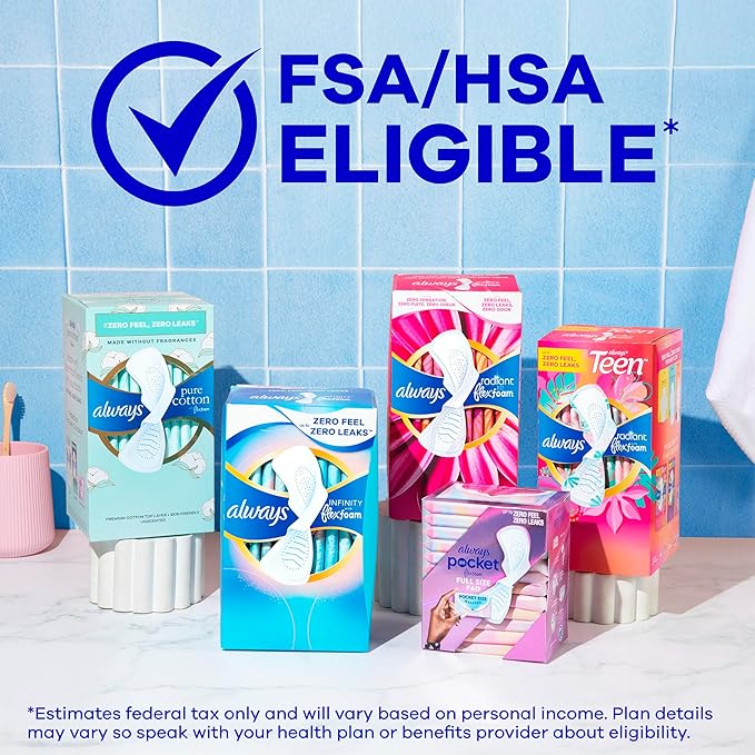 Always Pure Cotton Feminine Pads for Women, FlexFoam Pads with Wings, Size 2, Heavy Absorbency, Unscented, 72 Count (3 Packs of 24)