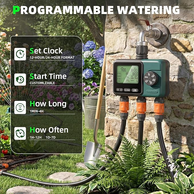 Sprinkler Timer 3 Zone, Programmable Water Timer for Garden Hose with Rain Delay, Manual and Automatic Irrigation Controller System, 3 Outlets Timed Irrigation Controller System for Lawn