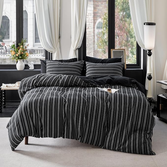 Reversible Duvet Cover Set 100% Washed Cotton Black Stripe Linen Feel Duvet Cover Queen Size with Zipper Closure & 2 Pillow Shams, Black/White Stripe Reverse Solid Black