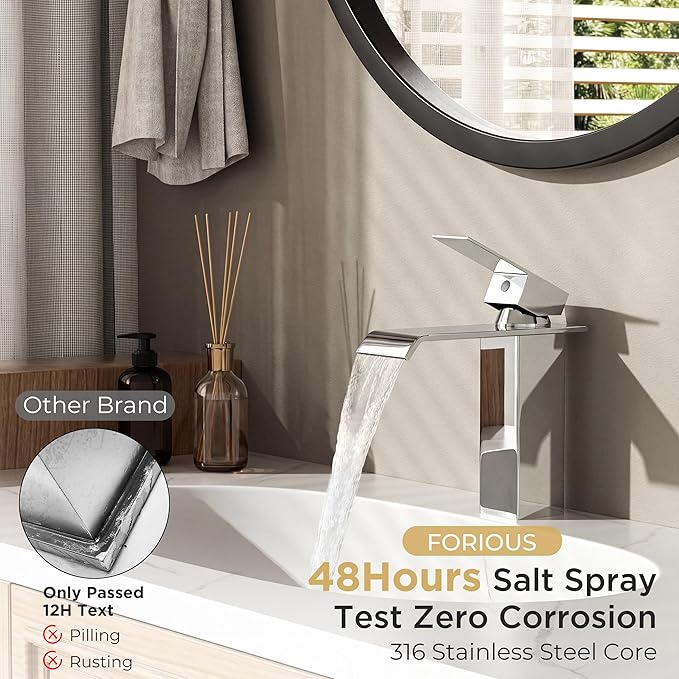 FORIOUS Bathroom Sink Faucets Chrome, Modern Waterfall Vanity Faucet 1 or 3 Hole Single Handle with Deck Plate and Drain, Suitable for Vanity Rv Camper Commerical