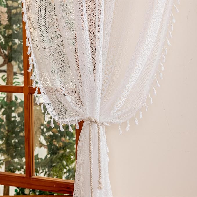 Sutuo Home White Boho Lace Curtains 96 inches Long for Living Room Dining Room, Vintage Tassels Semi Sheer Curtains Farmhouse Privacy Cream Rustic Victorian Style Rod Pocket Decor, 2 Panels 50" W