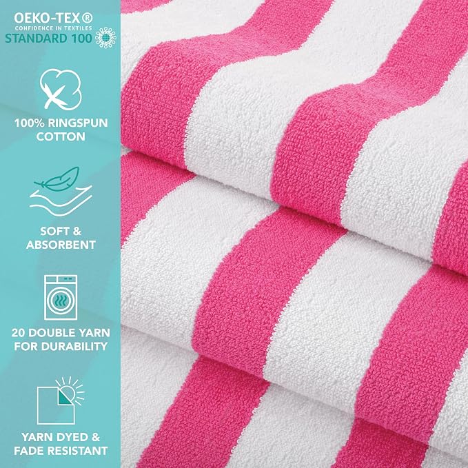 Arkwright California Cabana Stripe Beach Towel Bulk - Case of 24, Large Soft Quick Dry Cotton Terry Towels Set for Pool, Swim, and Hot Tub, Oversized 30 x 70 in, Pink
