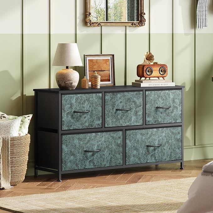 WLIVE Wide Dresser for Bedroom, 5 Drawer Chest of Drawers, Vintage Green | 5 roomy fabric drawers, Wide storage design, Bedroom or closet use, Sturdy steel frame, Smooth wood tabletop