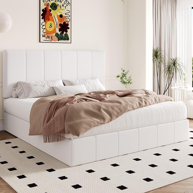 Allewie King Size Velvet Lift Up Hydrualic Storage Bed Frame, White | Vertical Channel Tufted Headboard, Hydrualic Underneath Storage, Upholstered Platform Bed, No Box Spring Needed