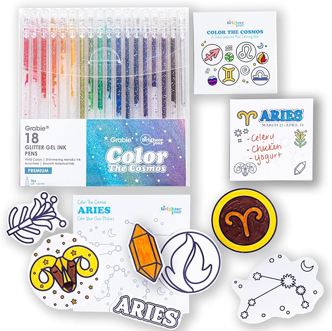 A Brighter Year Large Color The Cosmos Aries Bundle - Adult Mini Coloring Book (3" x 3" - 50 Pages), Post It Notes (50-3” x 3”), Stickers, & Gel Pens - Stress Relief, Mindfulness, Gift, Travel
