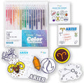 A Brighter Year Large Color The Cosmos Aries Bundle - Adult Mini Coloring Book (3" x 3" - 50 Pages), Post It Notes (50-3” x 3”), Stickers, & Gel Pens - Stress Relief, Mindfulness, Gift, Travel