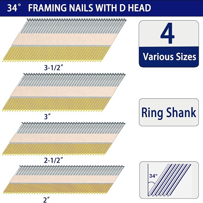 HW HAMWOO 34°Framing Nails,Ring Shank,2",2-1/2",3",3-1/2":960pcs | D Head Nail Pack,Hot Dipped Galvanized Paper Tape Strip Nails,for 30 to 34 Degree Framing Nailer