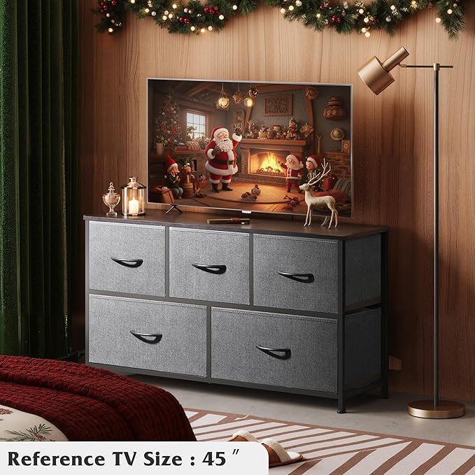 WLIVE Wide Dresser for Bedroom, 5 Drawer Chest of Drawers, Dark Grey | 5 roomy fabric drawers, Wide storage design, Bedroom or closet use, Sturdy steel frame, Smooth wood tabletop